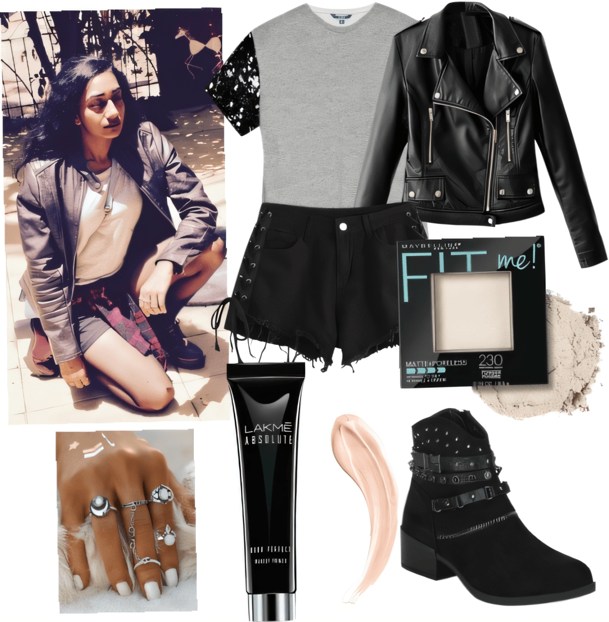Fashion set featuring black leather jacket, gray t-shirt, distressed black shorts, studded ankle boots, makeup essentials and silver jewelry