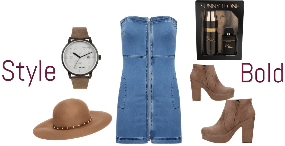 Retro-inspired outfit featuring denim zip-front dress, brown ankle boots, tan fedora hat, leather watch, and fragrance set
