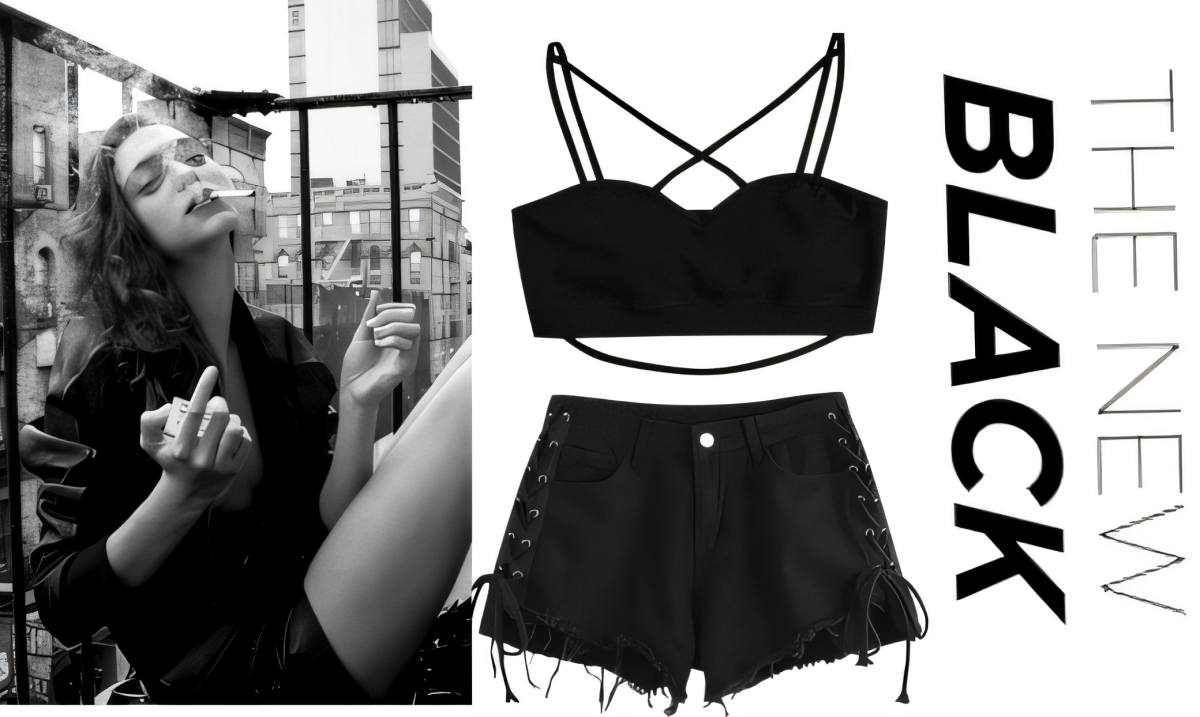 Black summer outfit featuring crossback bralette and distressed high-waisted shorts with lace-up details