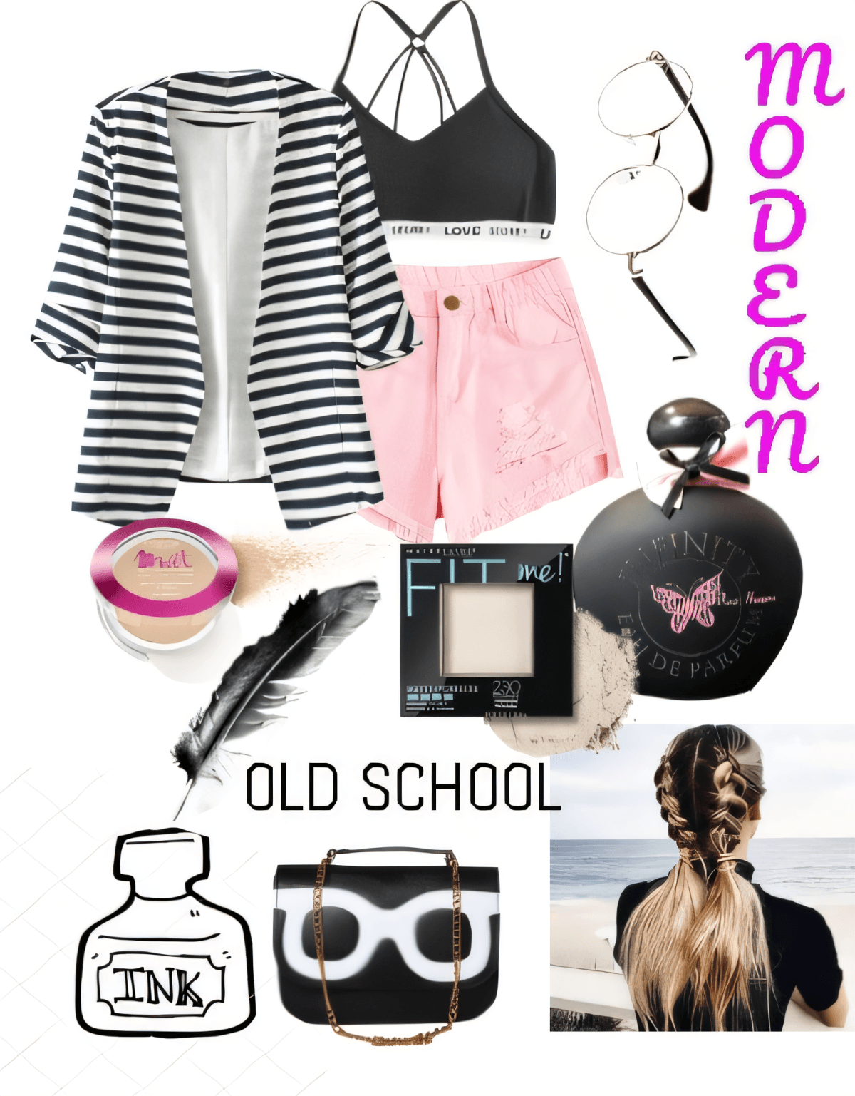 Casual chic outfit featuring striped blazer, pink shorts, black bralette, vintage accessories and modern makeup