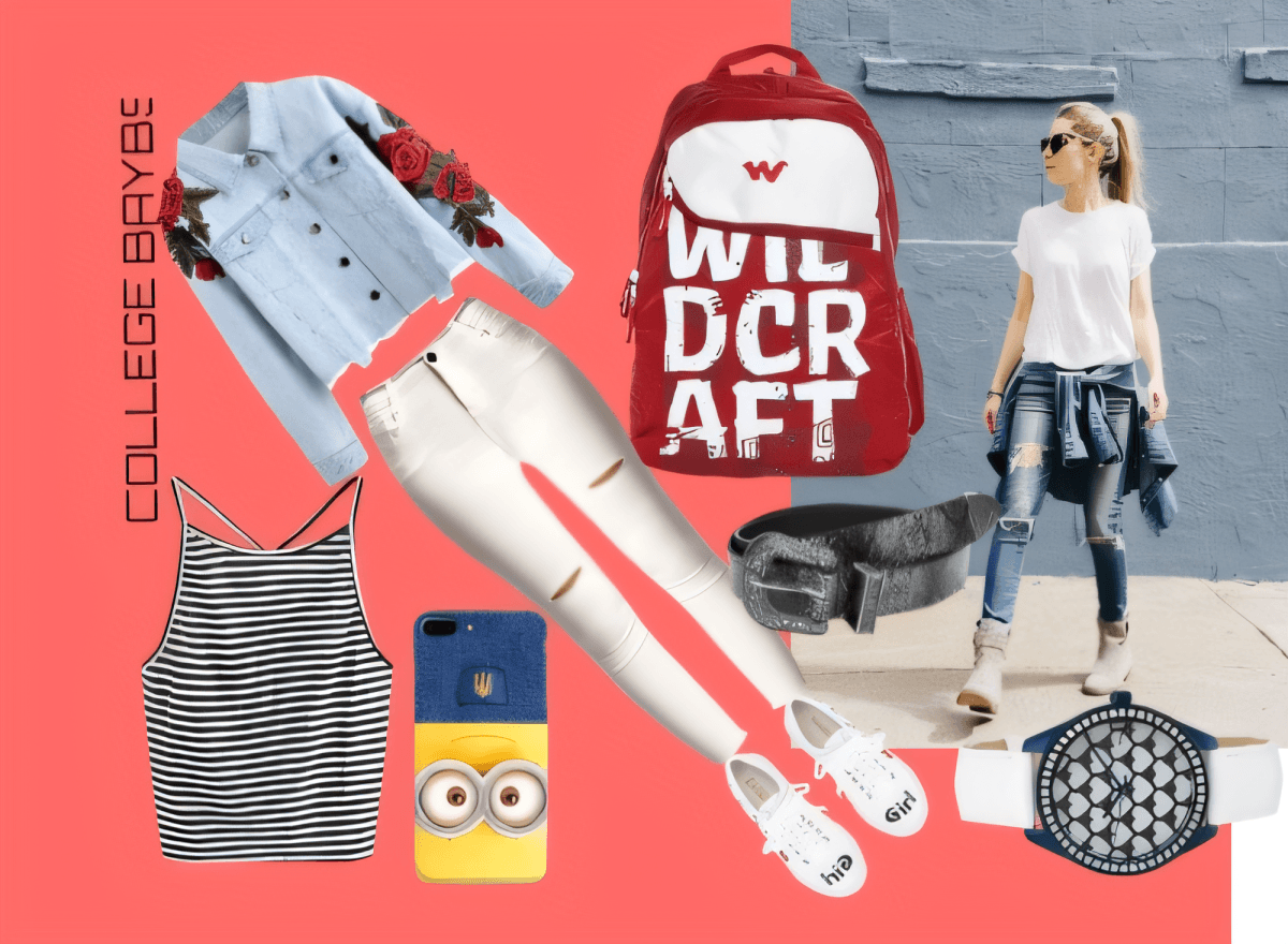 Tenue universitaire décontractée avec veste en jean, débardeur rayé, sac à dos rouge, jean et chaussures confortables avec des accessoires amusants