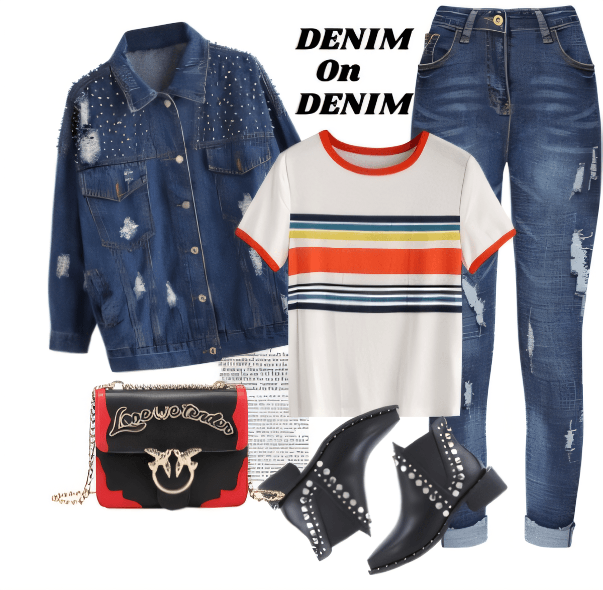 Atuendo casual atrevido que incluye chaqueta de mezclilla desgastada y jeans, camiseta de rayas con ribetes, botines con tachuelas y bolso con cadena negro/rojo.