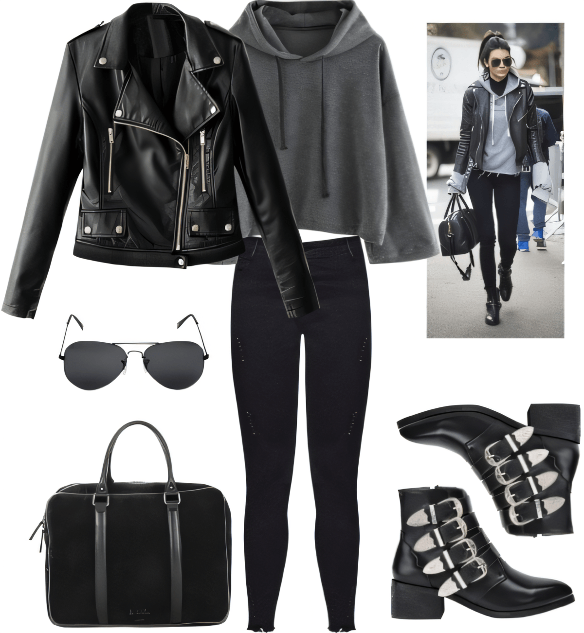 Modern edgy outfit with black leather jacket, grey hoodie, skinny jeans, buckle boots, aviators and black leather bag