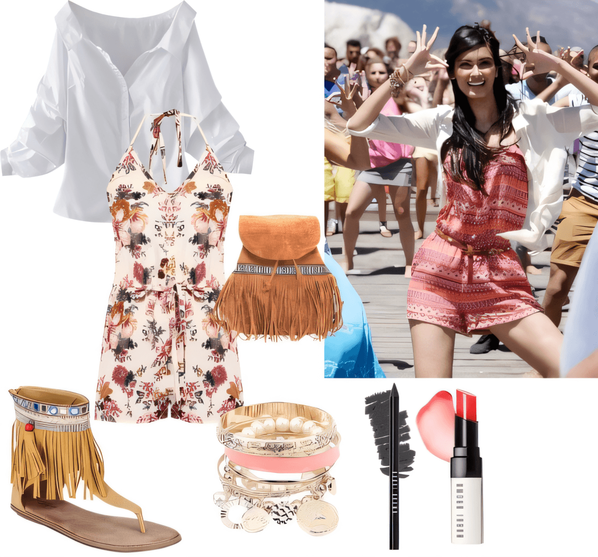 Summer outfit featuring floral halter romper, white shirt, fringe sandals, layered bracelets, and makeup essentials