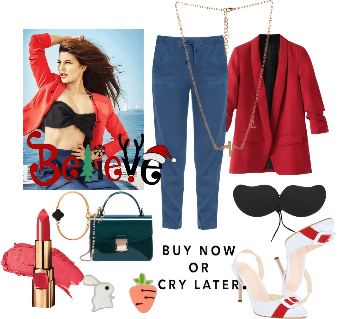 Tenue chic composée d'un blazer rouge, d'un jean skinny, d'un haut noir sans bretelles, de talons blancs aux accents rouges, d'un sac à main émeraude et d'accessoires dorés