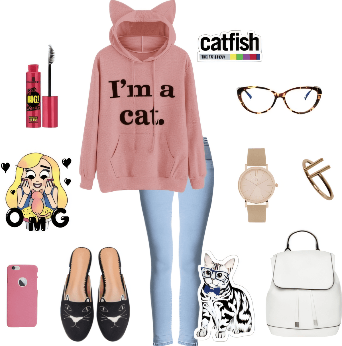 Conjunto informal con sudadera con capucha rosa con orejas de gato y el texto 
