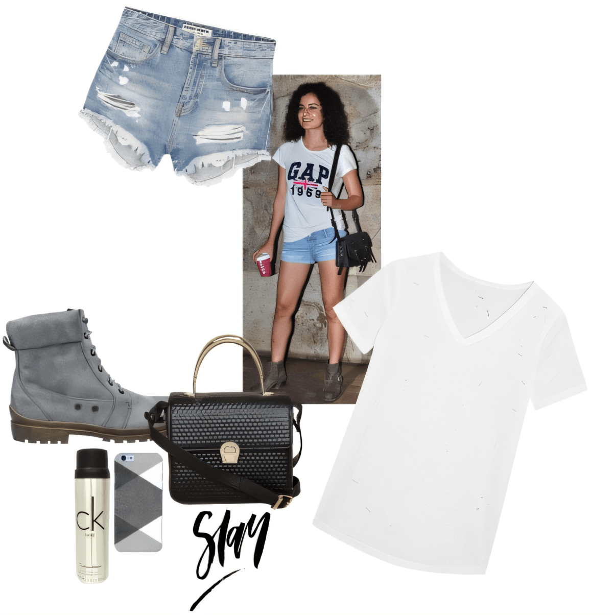 Atuendo casual de verano con pantalones cortos de mezclilla desgastados, camiseta blanca con cuello en V, botas militares grises y bolso negro estructurado