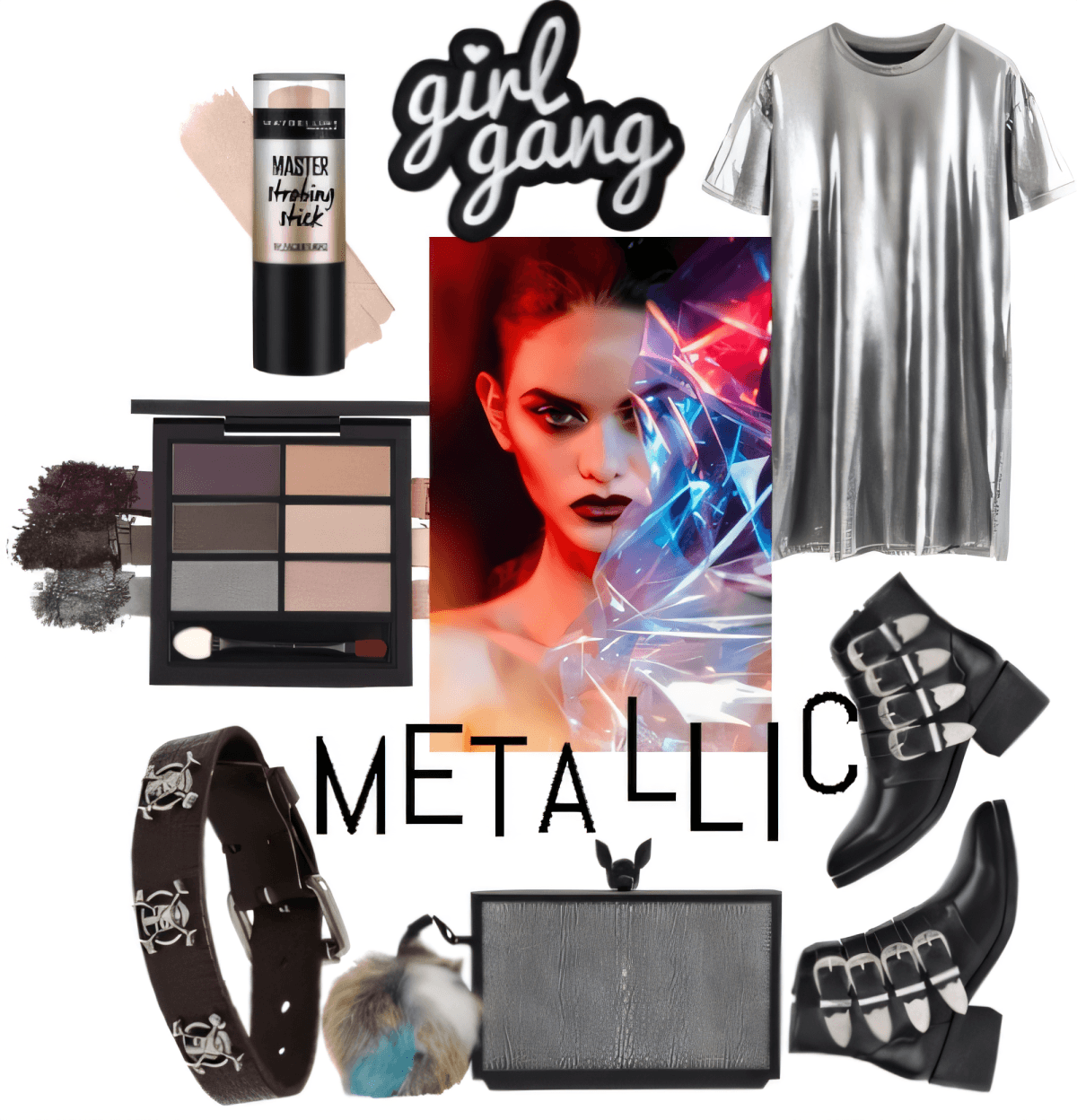 Edgy metallic outfit featuring silver t-shirt dress, chunky boots, metallic makeup palette, and dark accessories