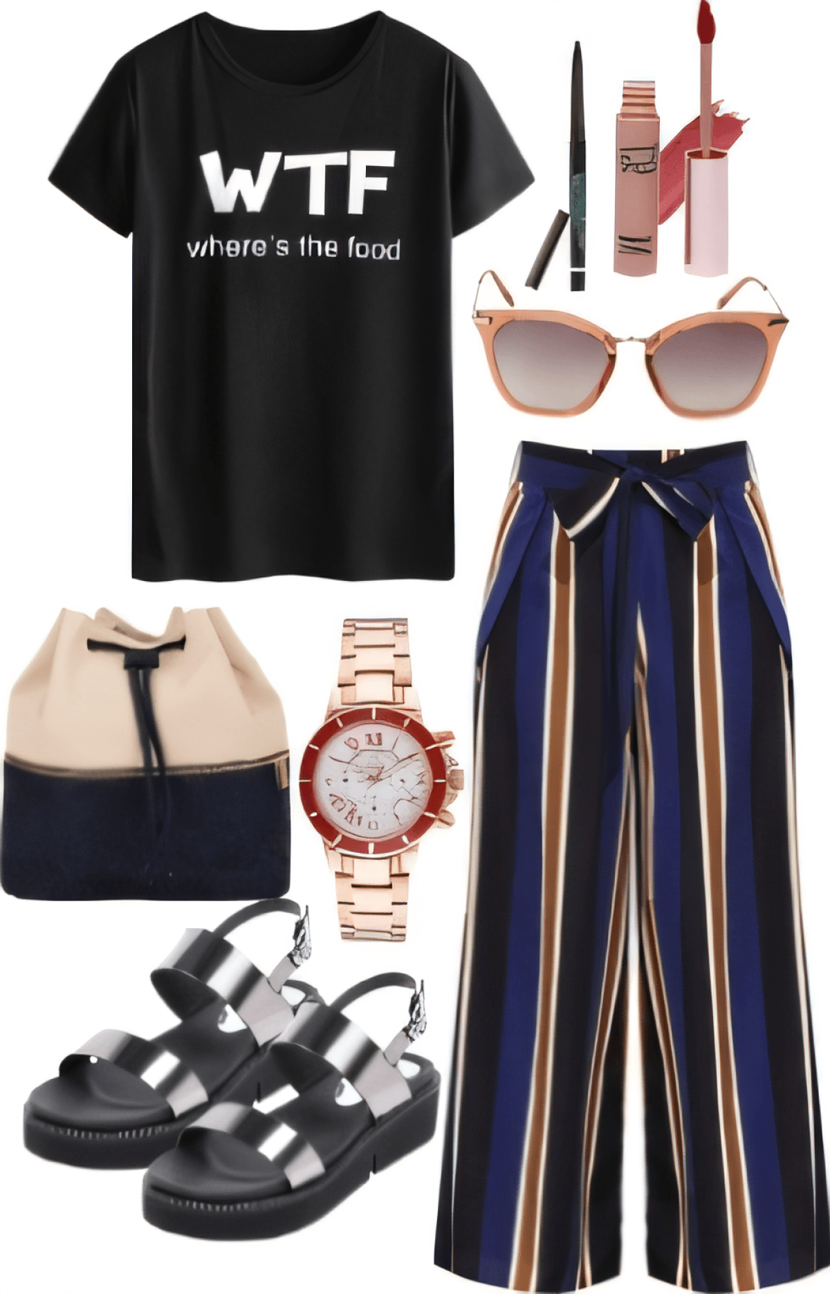 Atuendo casual chic con camiseta gráfica WTF, pantalones palazzo de rayas azul marino, sandalias de plataforma negras, bolso beige, reloj dorado rosa y gafas de sol