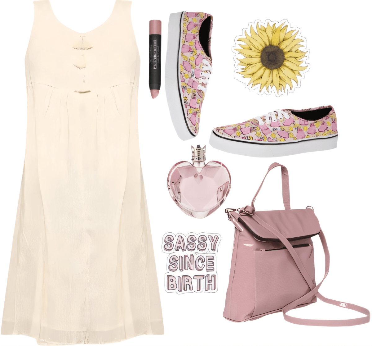 Summer outfit featuring cream sundress, floral Vans sneakers, pink handbag, heart perfume, and sunflower accent