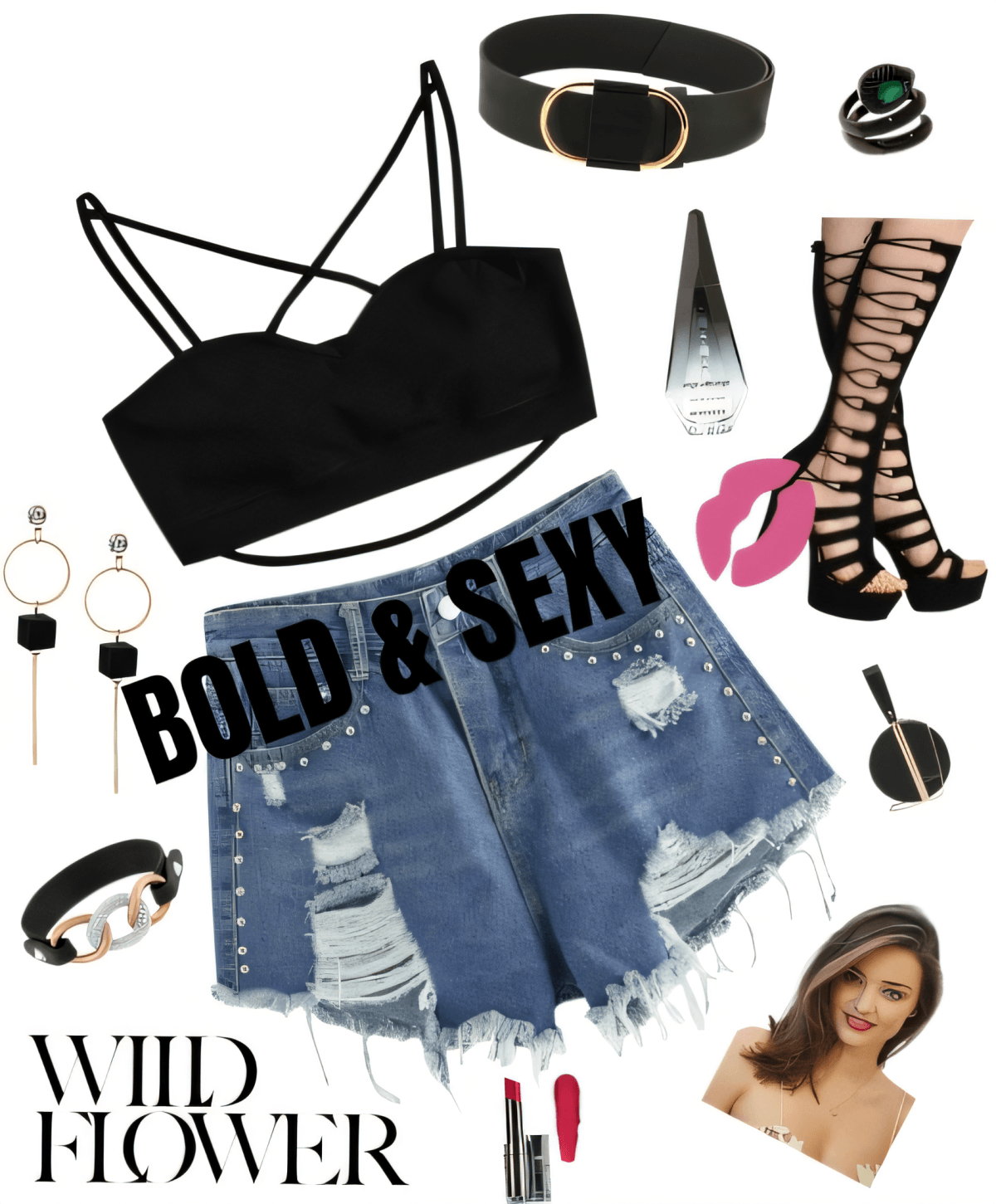 Edgy Sommer-Outfit mit schwarzem Trägertop, Jeansshorts im Used-Look, Gladiator-Heels und Statement-Accessoires