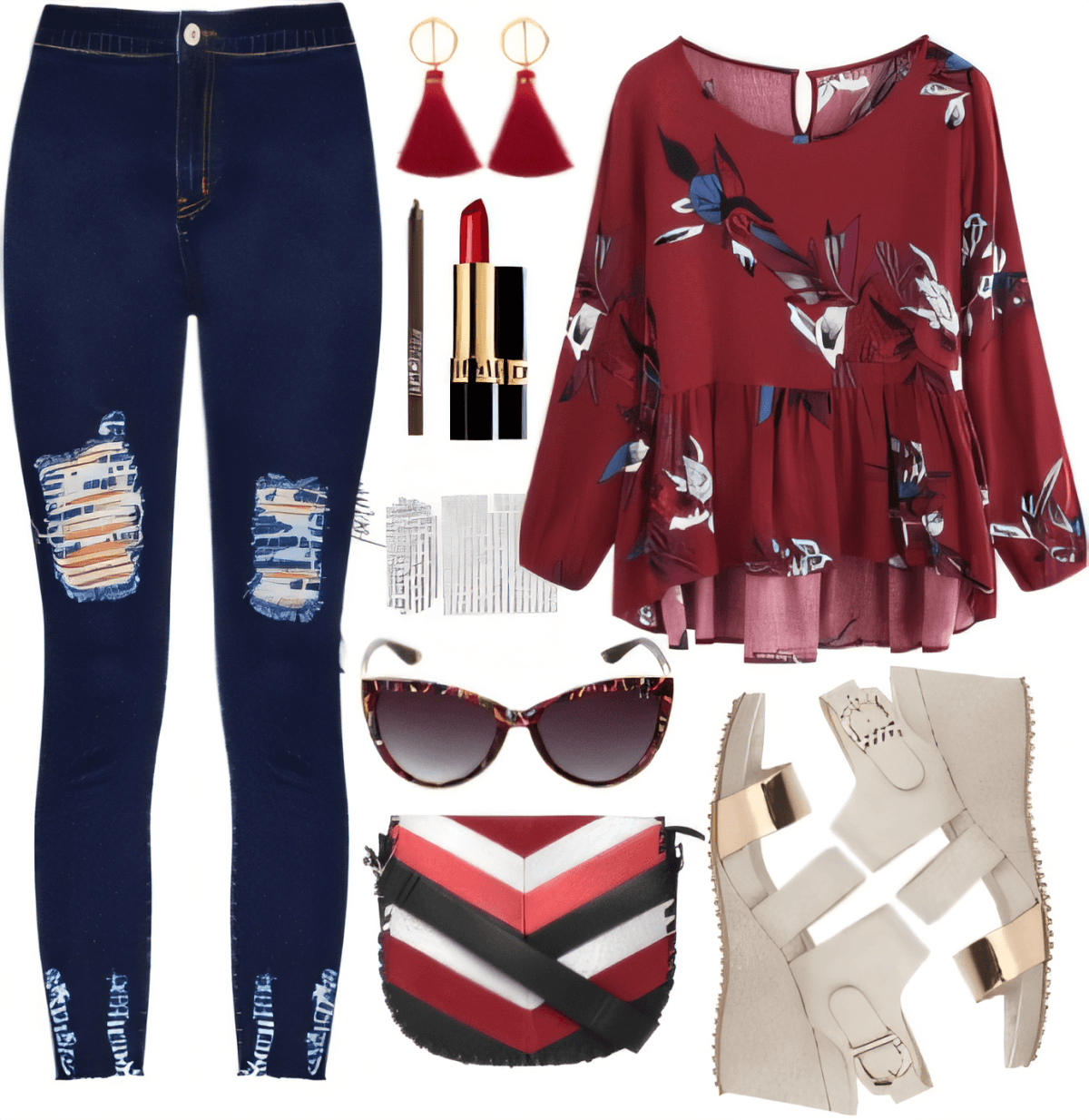 Burgundy Blooms & Denim Dreams: A Romantic Edge Ensemble by neeti