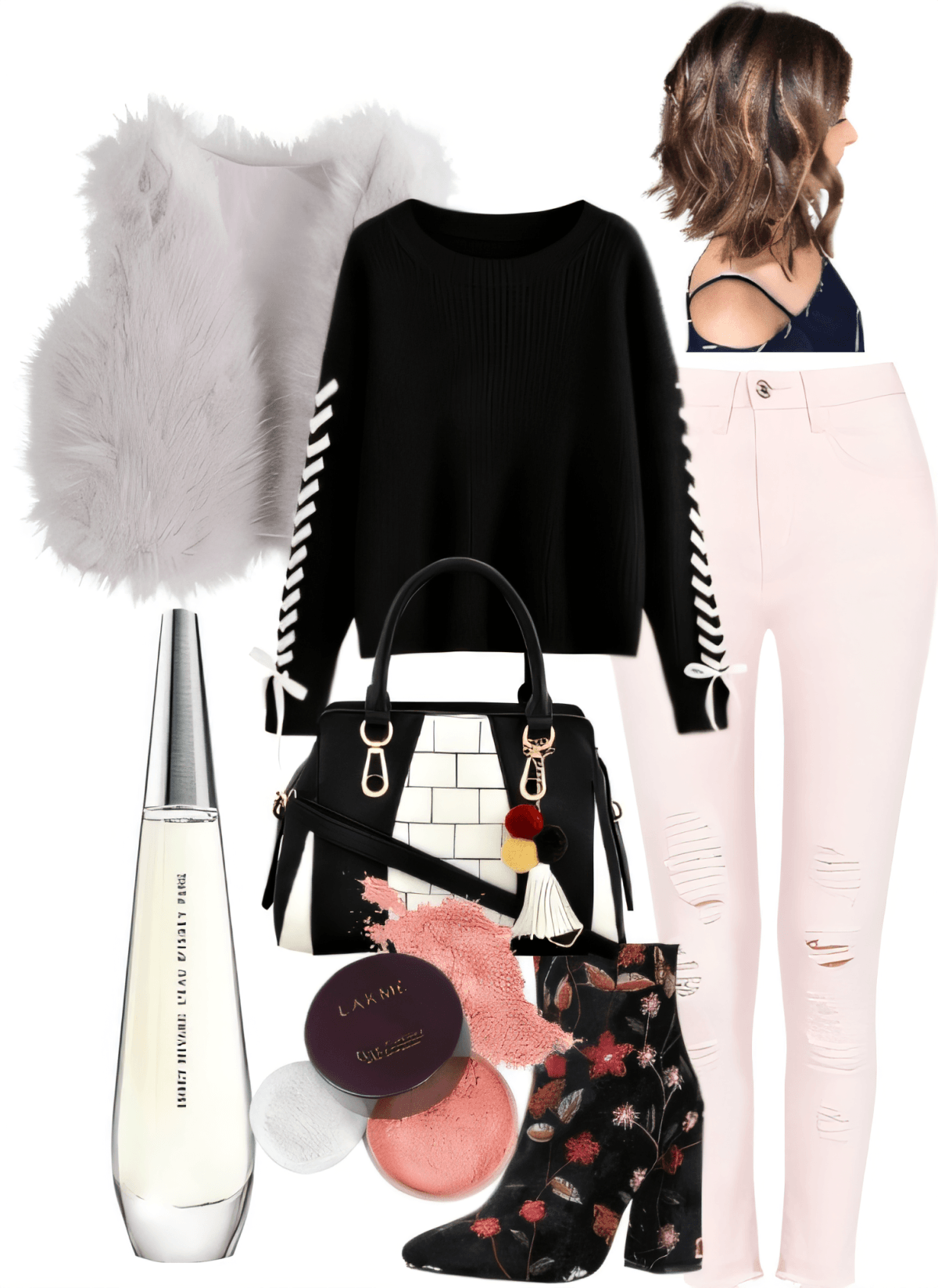 Plano de moda con suéter negro, jeans rosas, botas floreadas, bolso de piel blanco, perfume y maquillaje.