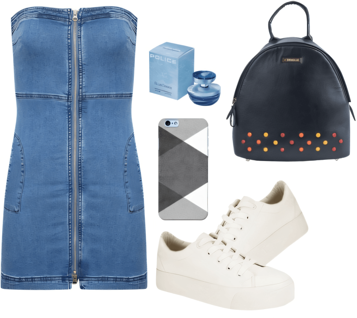 Tenue décontractée comprenant une robe en jean zippée sur le devant, des baskets blanches, un sac à dos noir clouté, du parfum et un étui de téléphone géométrique