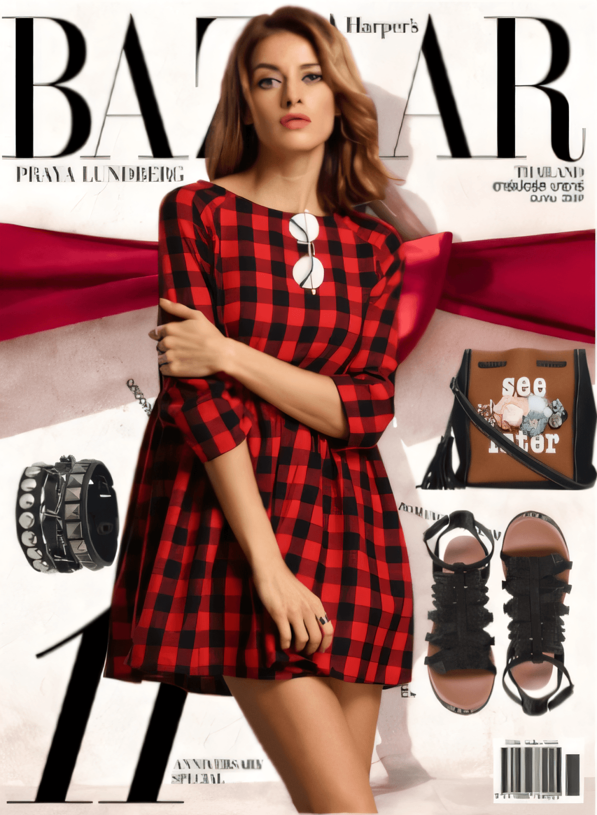 Buffalo Check Charm: Red Plaid Mini Dress with Edgy Accessories by DEEPIKA