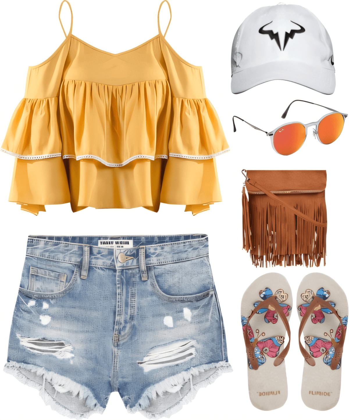 Conjunto de verano con top amarillo con hombros descubiertos y volantes, pantalones cortos de mezclilla desgastados, bolso bandolera con flecos, chanclas florales, gorra de béisbol blanca y gafas de sol naranjas.