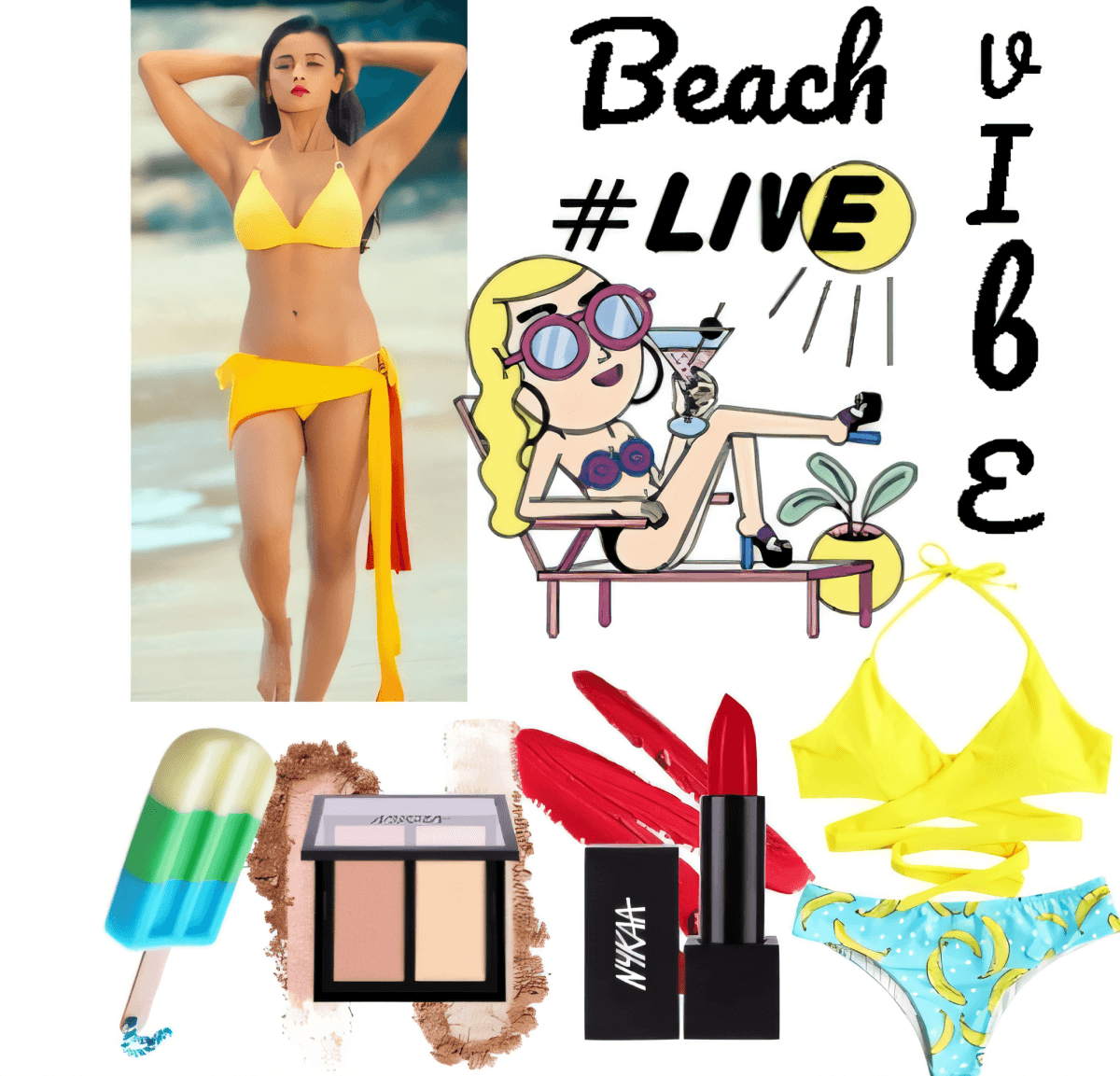 Strandurlaubs-Outfit mit gelbem Bikini-Set, Strand-Accessoires und Make-up-Essentials für den Sommer, darunter Eis am Stiel, Bronzer und roter Lippenstift