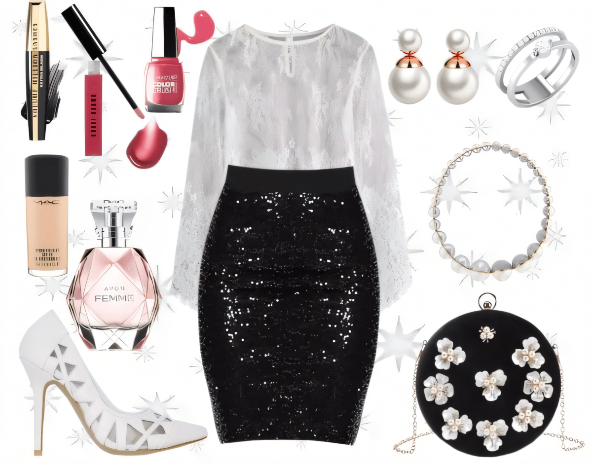 Evening outfit featuring white lace top, black sequin pencil skirt, white heels, pearl accessories, and black floral evening bag