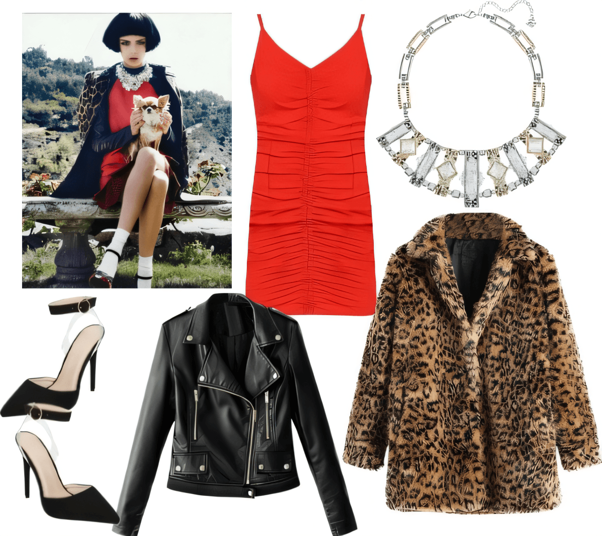 Fashion collection featuring red ruched dress, leopard print coat, black leather jacket, statement crystal necklace, and black stilettos