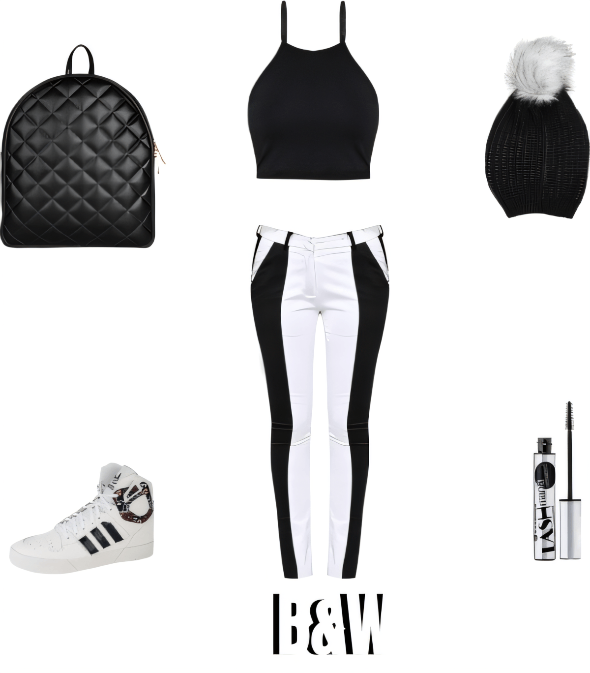 Conjunto en blanco y negro con mochila acolchada, top corto, pantalones de dos tonos, gorro de invierno y zapatillas blancas.
