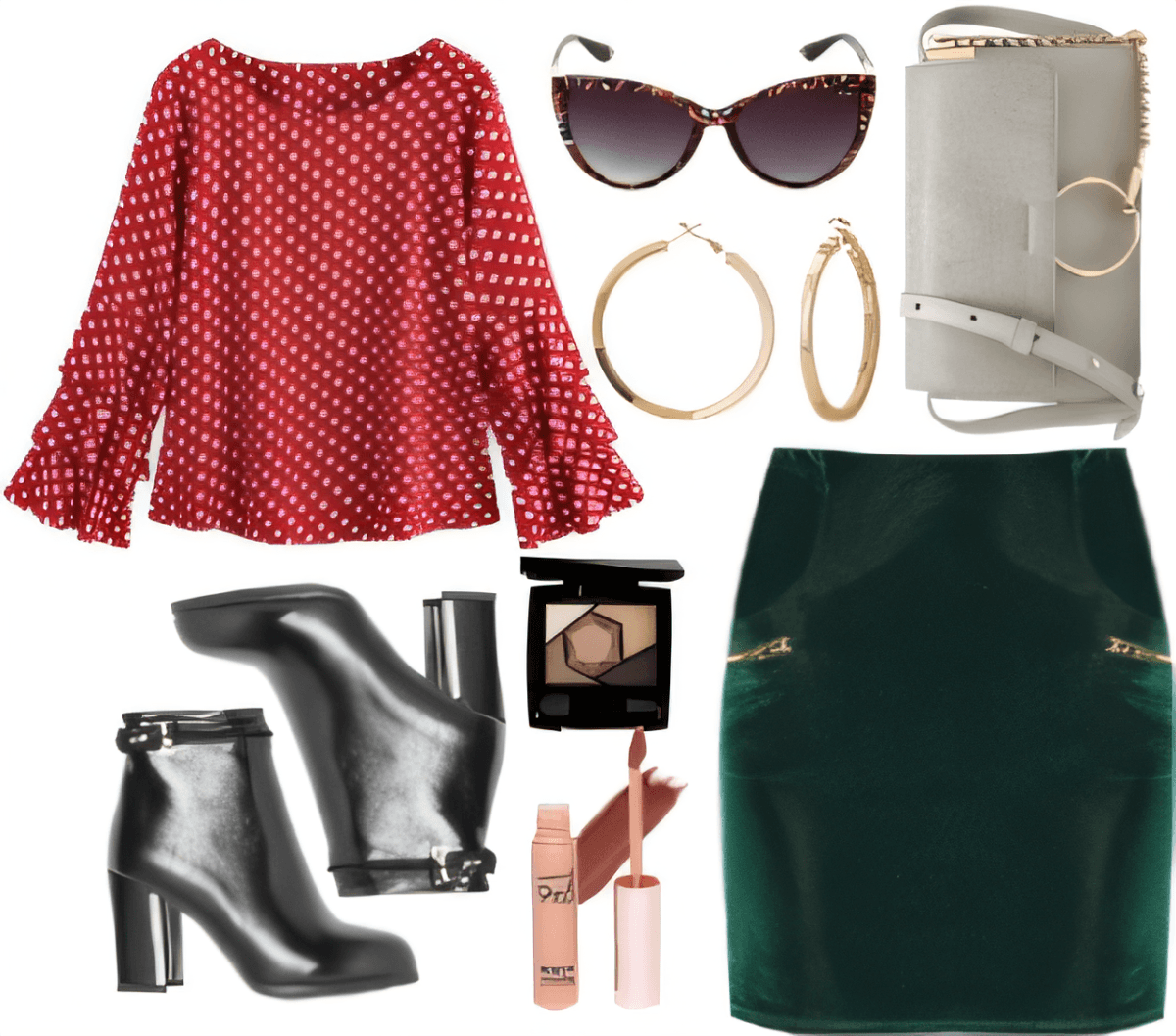 Sophisticated outfit featuring red polka dot blouse, emerald velvet skirt, black ankle boots, sunglasses, gold hoops, and grey handbag with makeup accessories