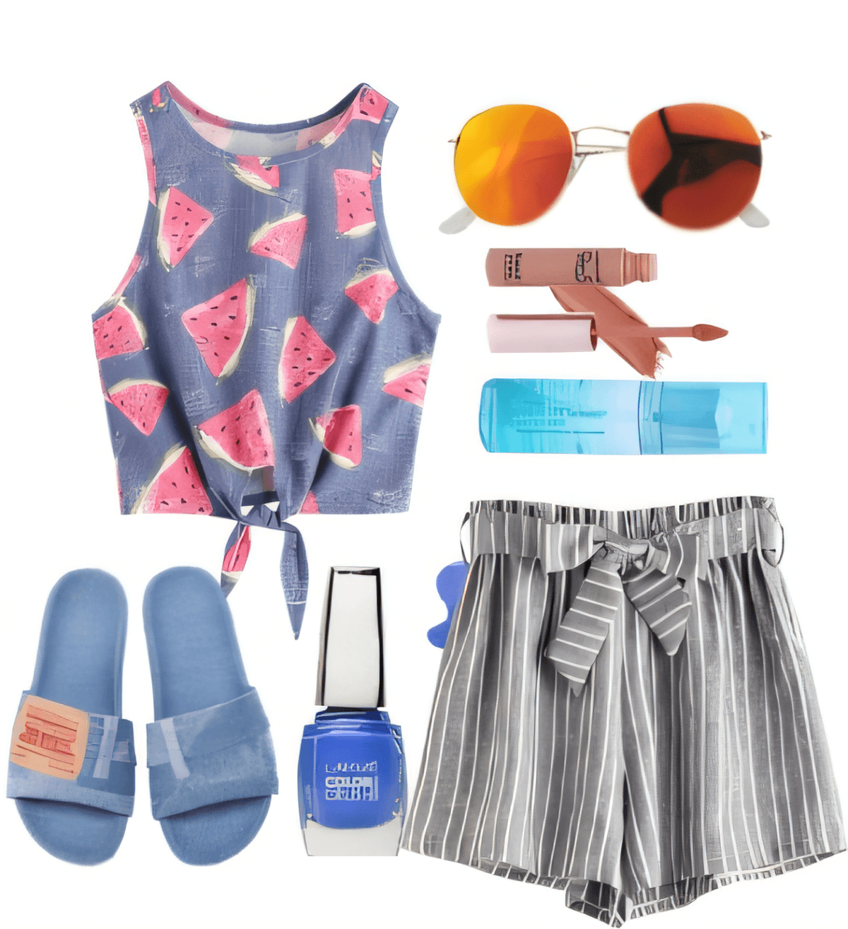 Lässiges Sommeroutfit mit bauchfreiem Top mit Wassermelonen-Print, gestreiften Shorts, blauen Pantoletten, Sonnenbrille und Accessoires