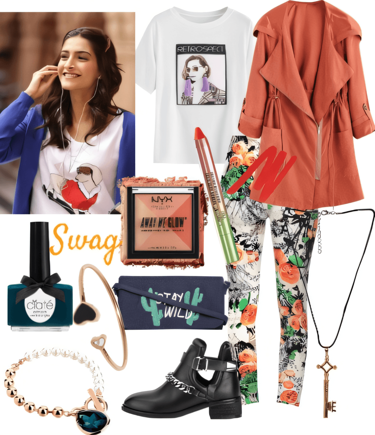 Edgy casual outfit with floral leggings, coral coat, graphic tee, boots, and accessories including nail polish, makeup, and jewelry