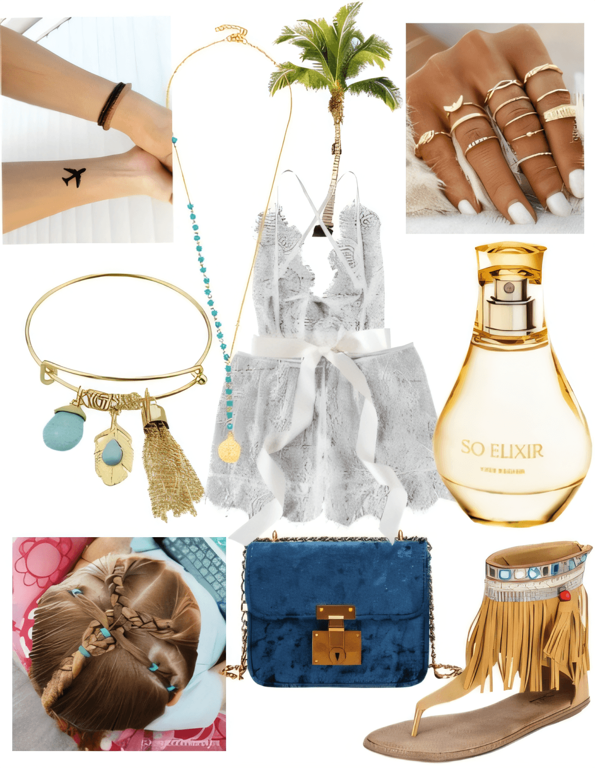 Bohemian summer outfit with silver shorts, fringe sandals, stacked rings, turquoise jewelry, braided hairstyle, and navy suede bag with perfume accents