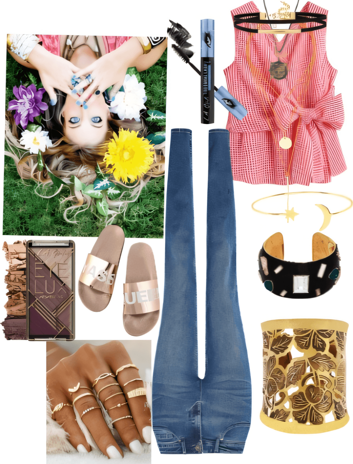 Lässiges Sommeroutfit mit rotem Gingham-Top mit Schleife vorne, Röhrenjeans, metallischen Pantoletten und goldenen Accessoires