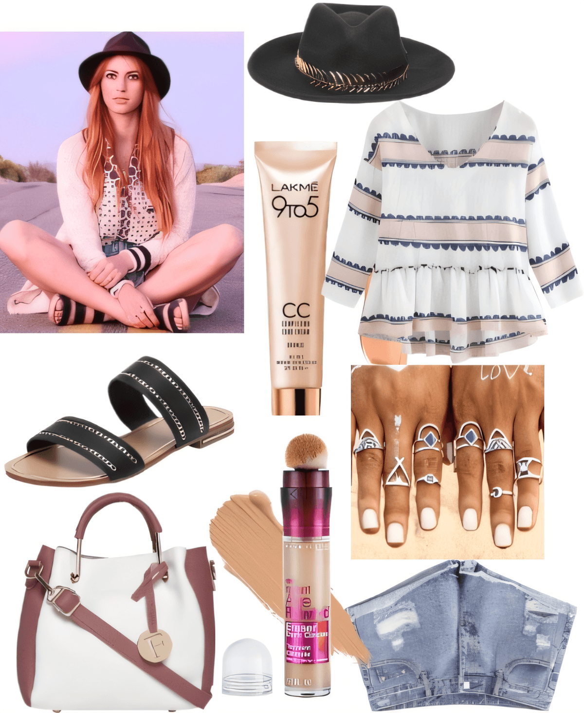 Boho-Sommeroutfit mit weißem Schößchentop, Jeansshorts im Used-Look, schwarzem Fedora, Statement-Ringen, Sandalen und Accessoires