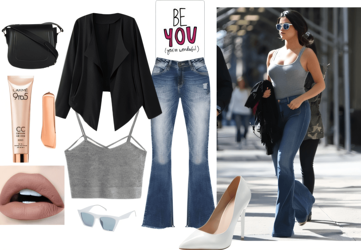 Casual chic outfit featuring flared jeans, grey crop top, black draped jacket, white pumps, and accessories