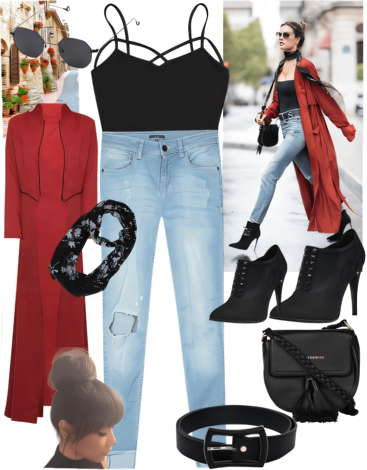 Atuendo street style con abrigo largo rojo, crop top negro, jeans desgastados, botines negros y accesorios