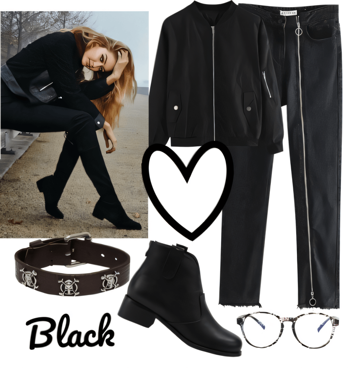 Edgy all-black outfit featuring bomber jacket, straight-leg jeans, ankle boots, and modern accessories