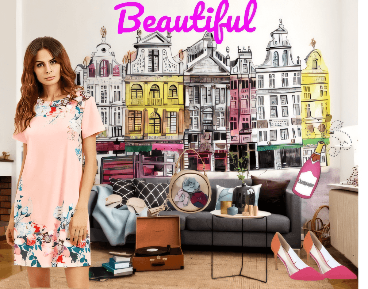 Vestido camisero de color rosa melocotón con estampado floral y detalles de rosas sobre un fondo de ciudad colorido