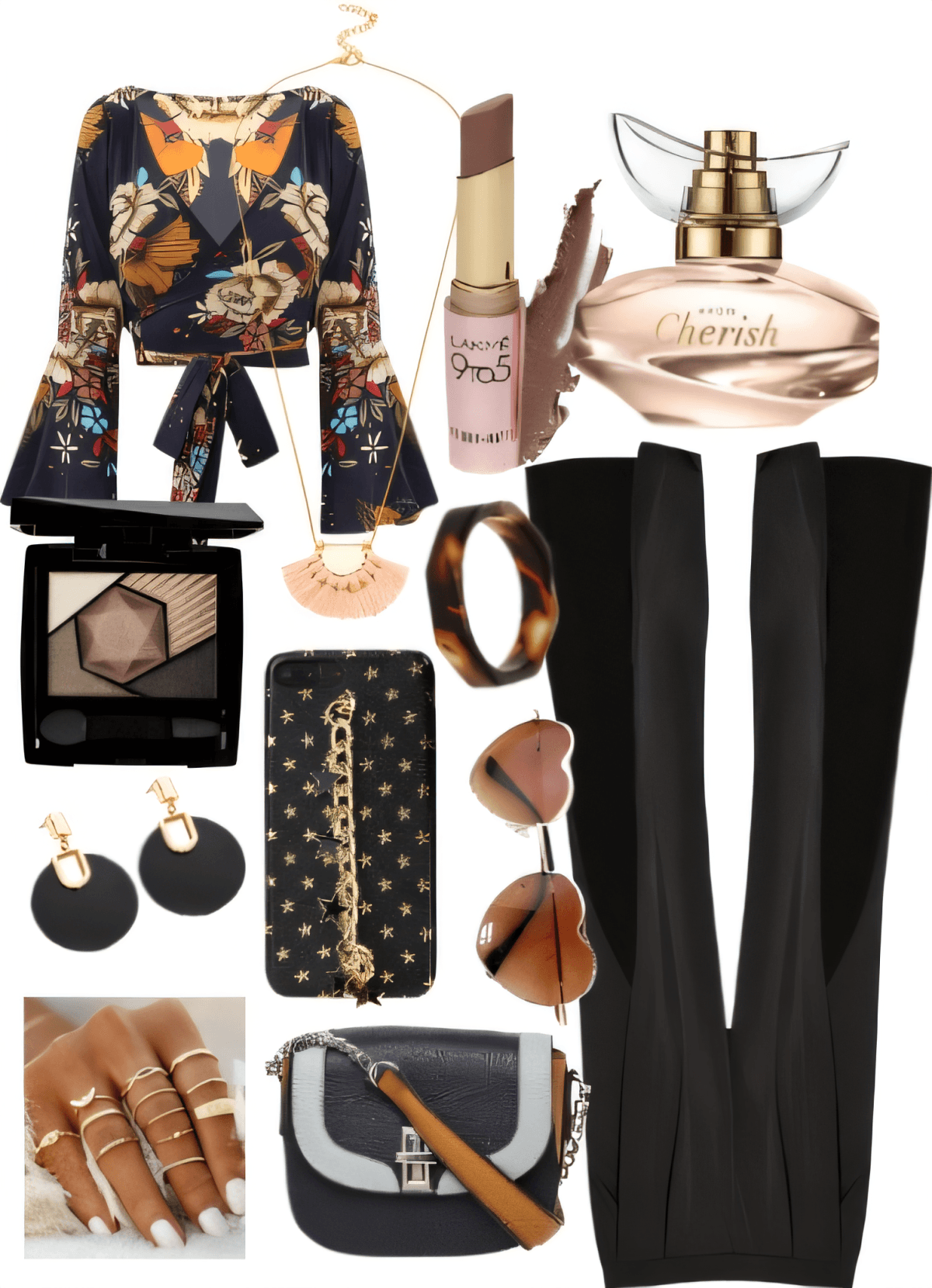 Luxe outfit featuring butterfly print wrap top, black trousers, designer perfume, accessories including statement jewelry and crossbody bag