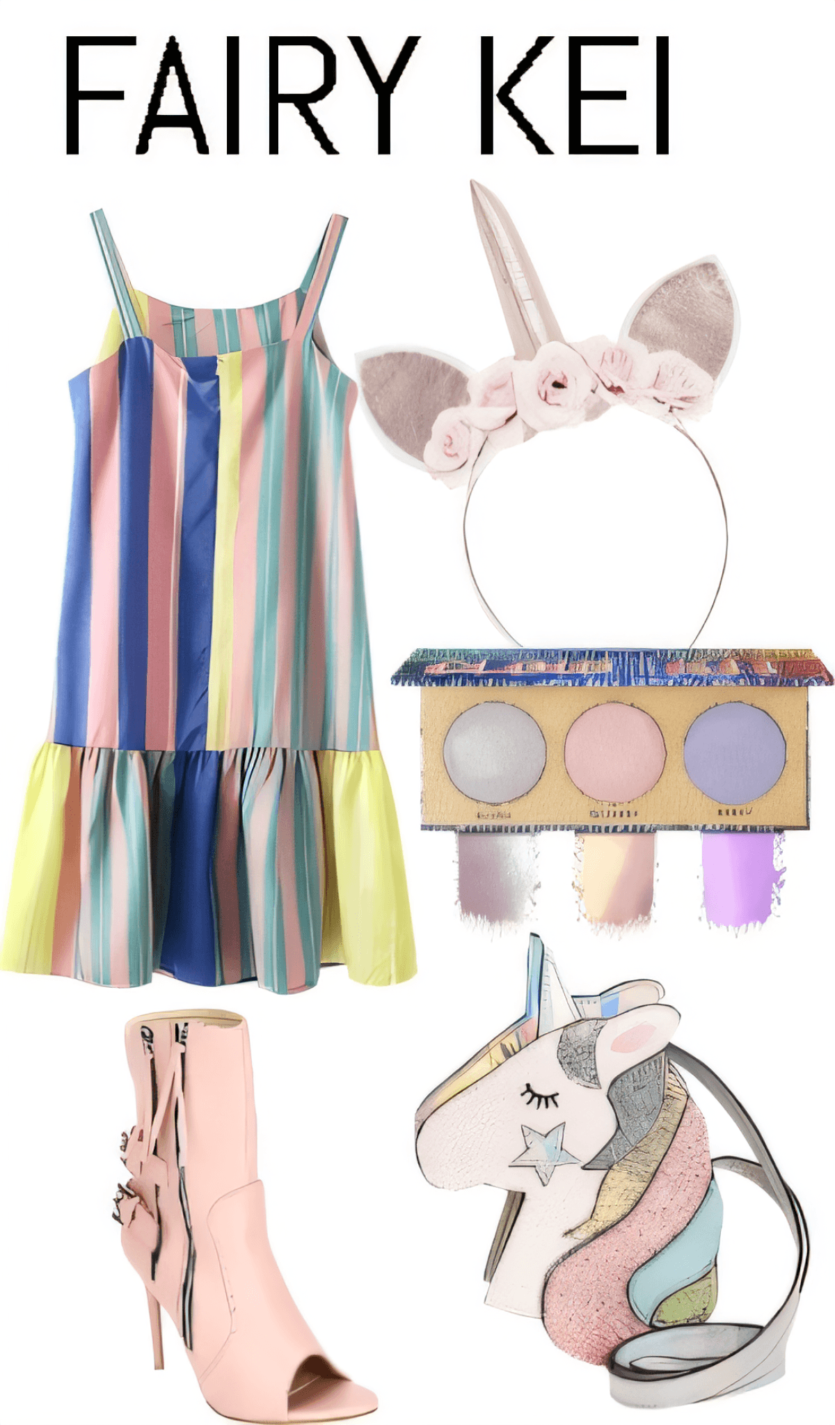 Pastel striped sundress with yellow ruffle hem, pink peep-toe boots, bunny ear headband, and holographic makeup palette