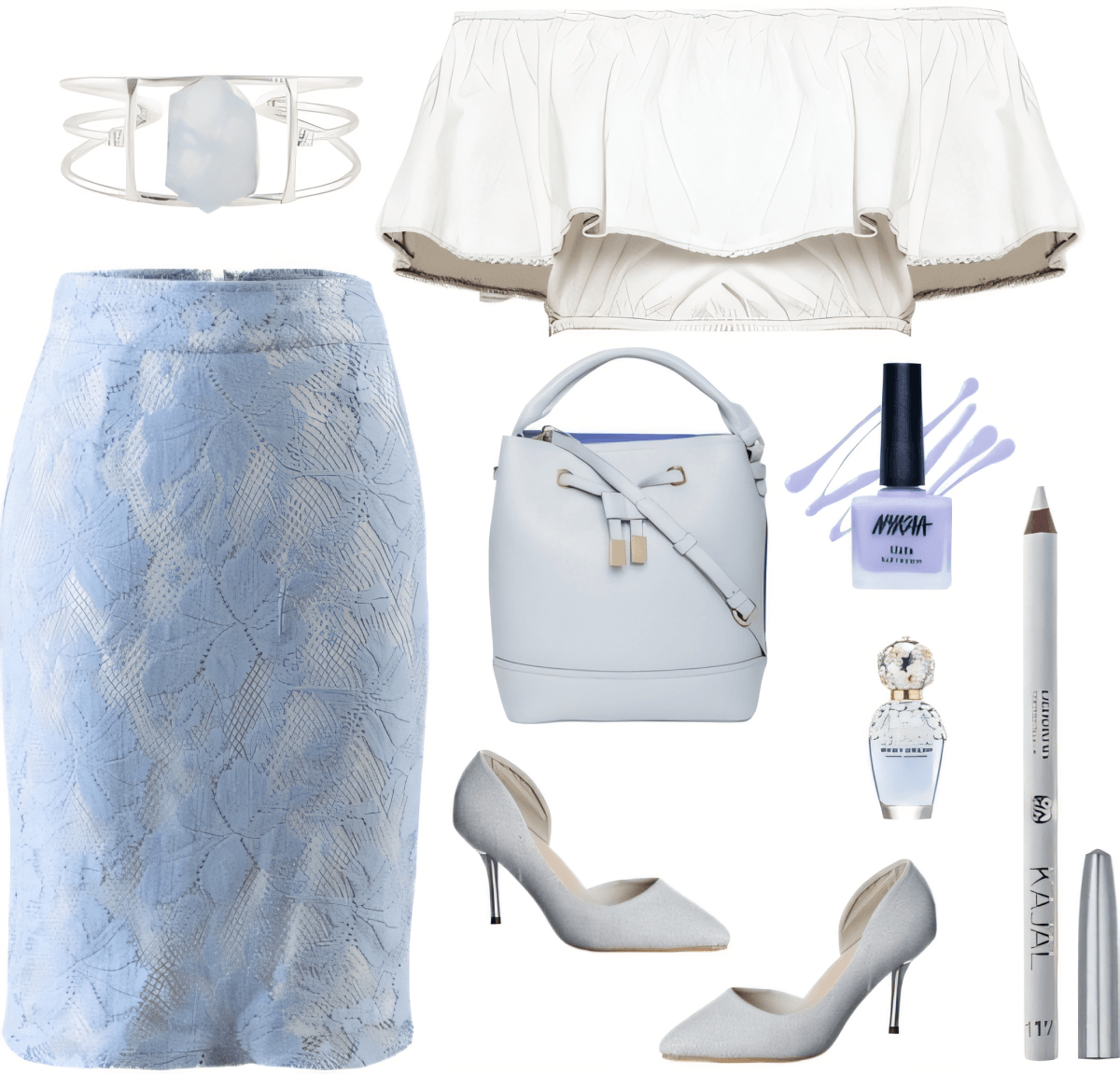 Elegante conjunto con falda tubo de encaje azul pálido, top blanco con hombros descubiertos, accesorios plateados y tacones a juego.