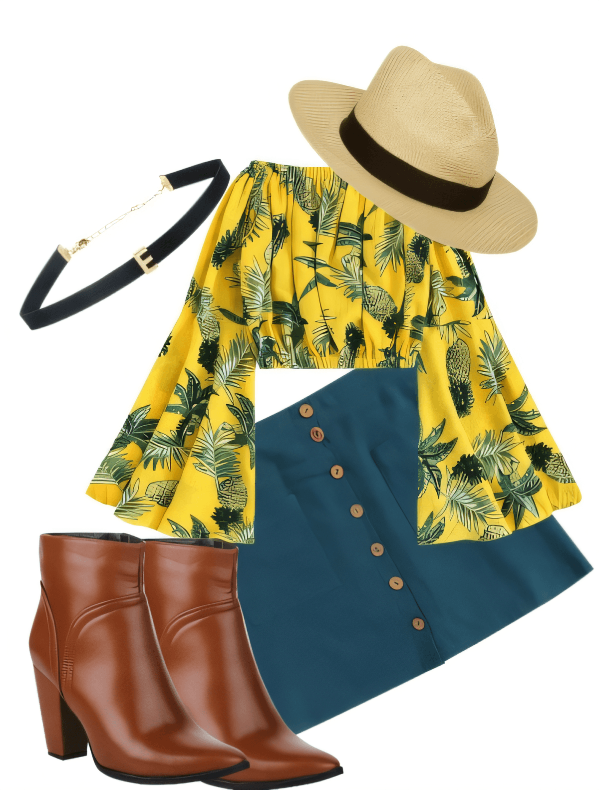 Conjunto bohemio con top con estampado tropical amarillo, falda con botones en la parte delantera de color verde azulado, botas de cuero marrón y sombrero de paja.