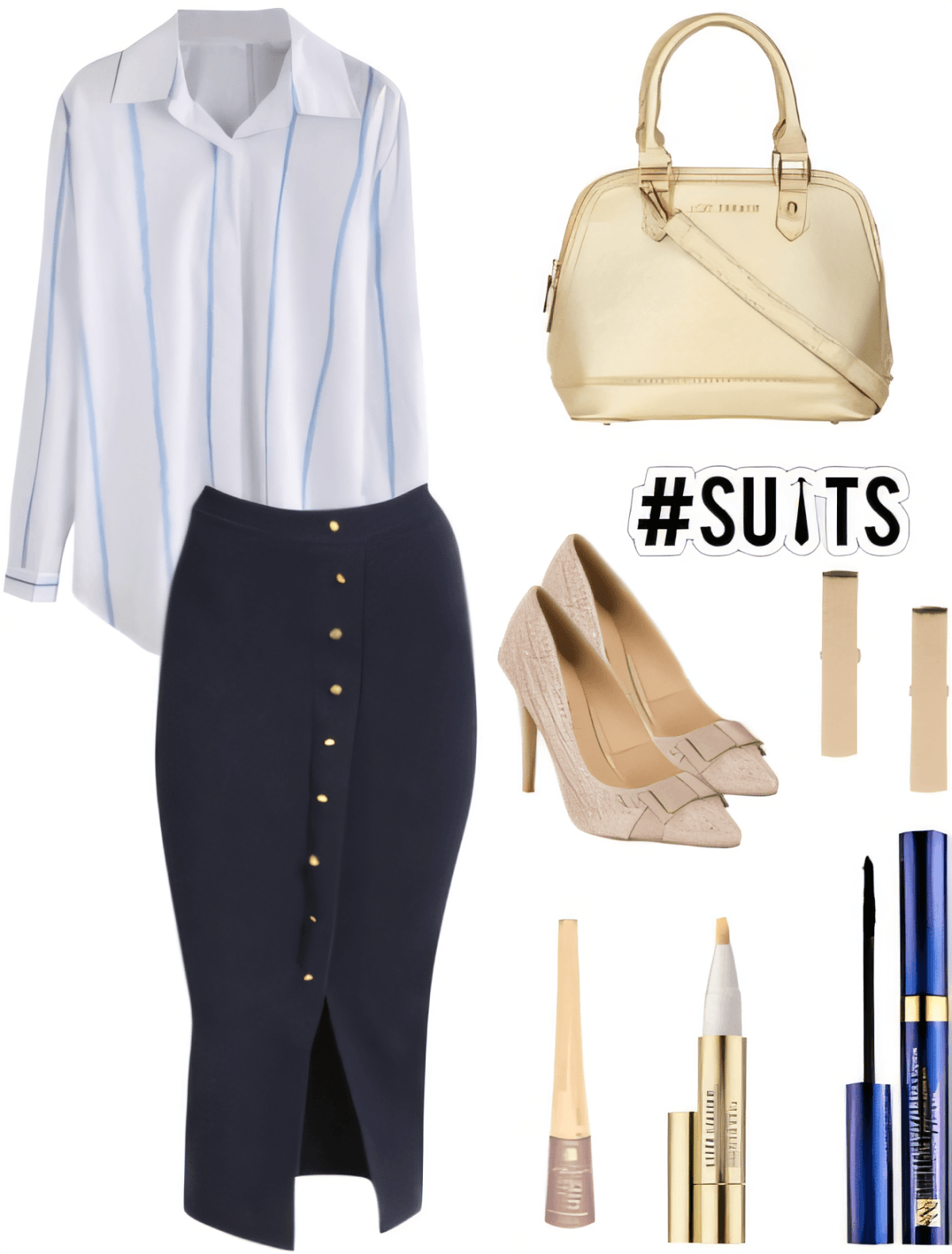 Tenue professionnelle avec chemise boutonnée bleu clair, jupe crayon boutonnée bleu marine, talons nude, sac à main doré et essentiels de maquillage Tenue professionnelle avec chemise boutonnée bleu clair, jupe crayon boutonnée bleu marine, talons nude, sac à main doré et essentiels de maquillage