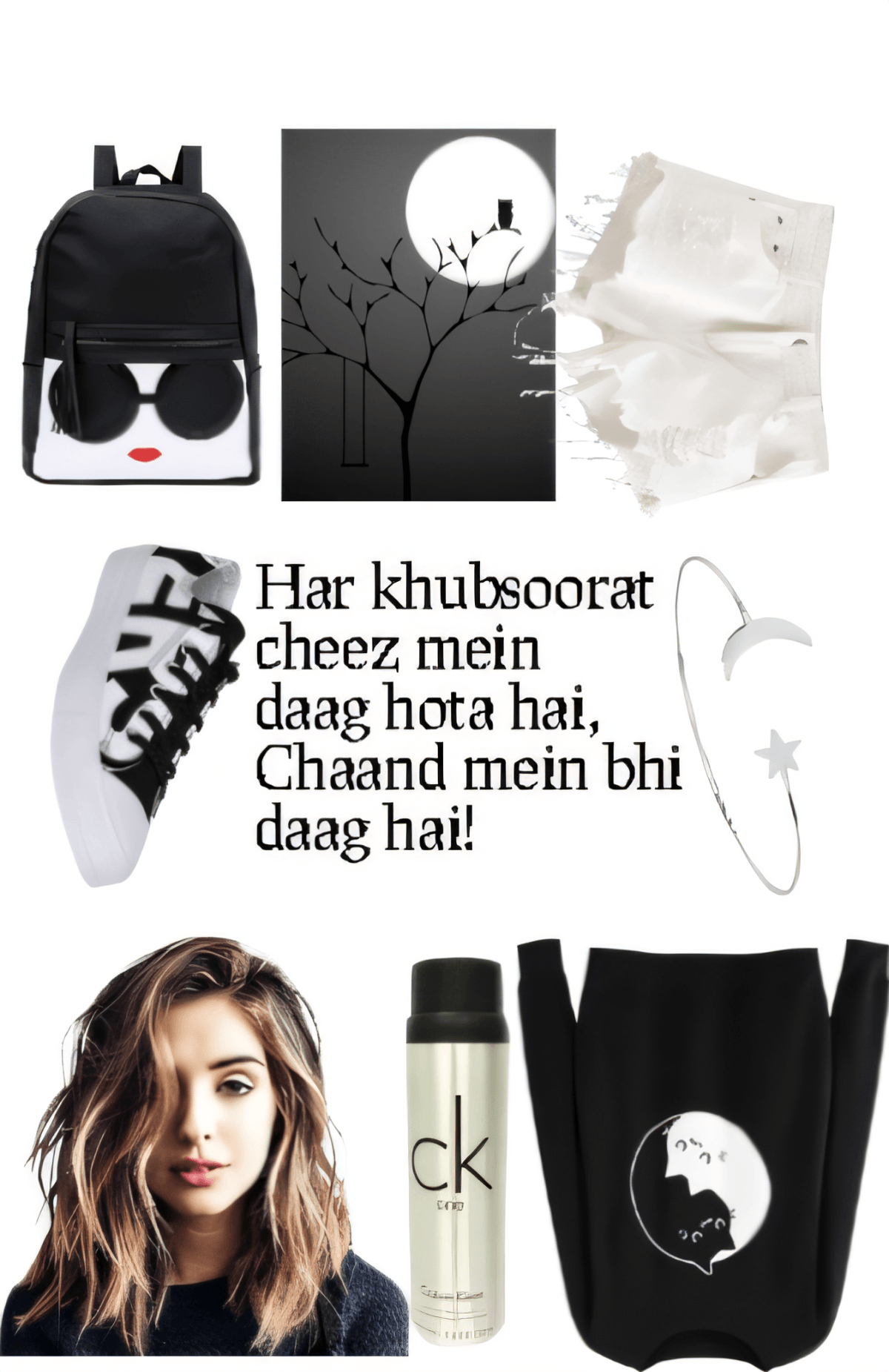 Atuendo estético en blanco y negro que incluye mochila, perfume CK, suéter con motivo de luna y accesorios monocromáticos