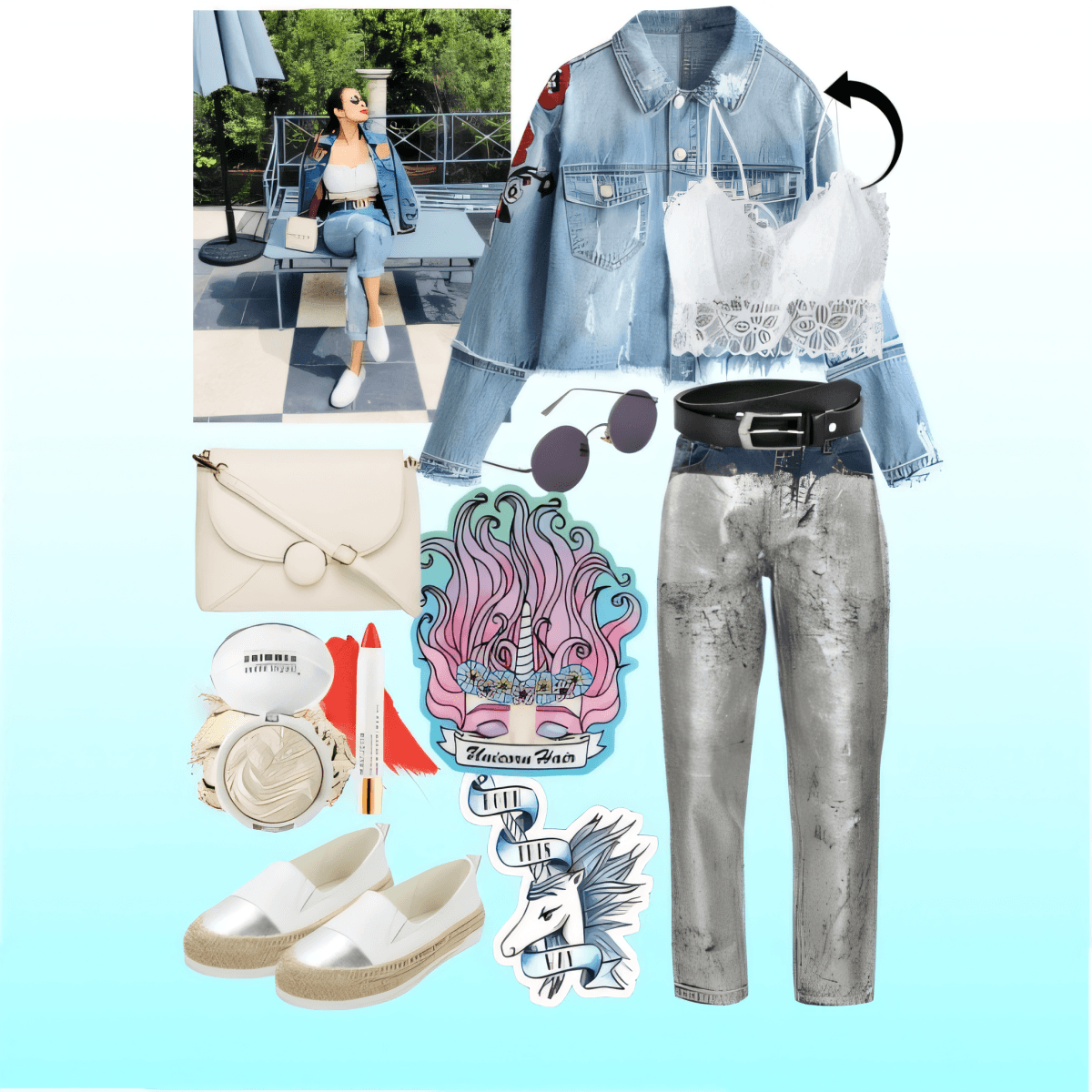 Casual-glam outfit featuring distressed denim jacket, white lace camisole, silver sequined pants, espadrilles, and minimalist accessories