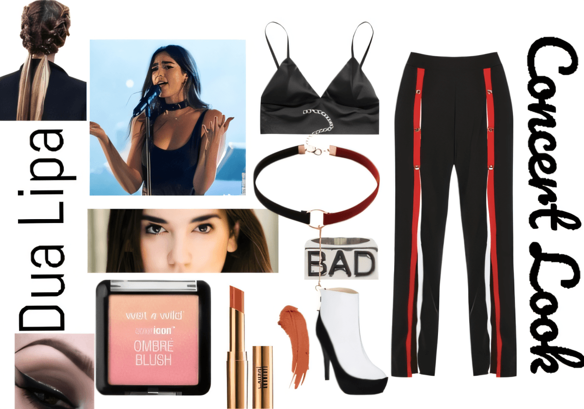 Edgy concert outfit with black track pants with red stripes, black bralette, leather choker, pink blush, and styling elements
