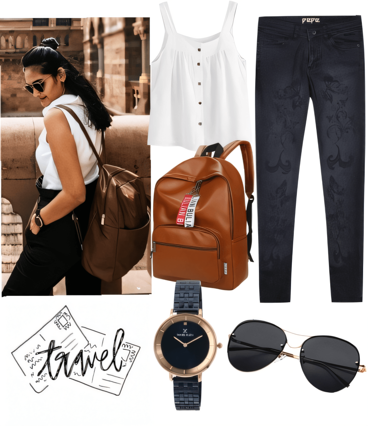 Conjunto de viaje con camiseta de tirantes blanca con botones, vaqueros negros desgastados, mochila de piel marrón, reloj azul marino y gafas de sol redondas