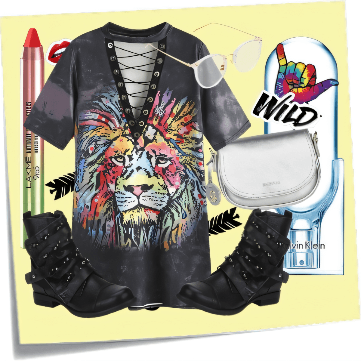 Atuendo atrevido que incluye una camiseta con cordones y un gráfico de león colorido, botas de combate negras, un bolso bandolera blanco y accesorios.