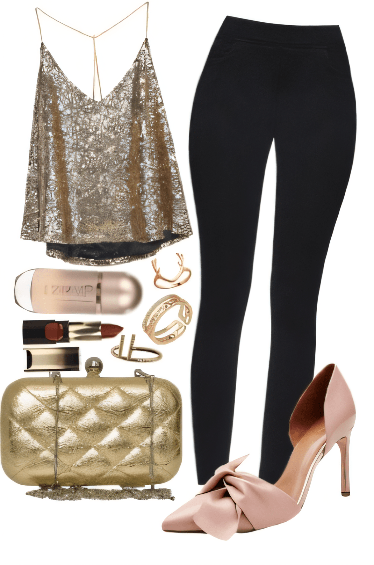 Evening outfit with gold sequin camisole, black leggings, nude bow heels, and gold accessories including clutch