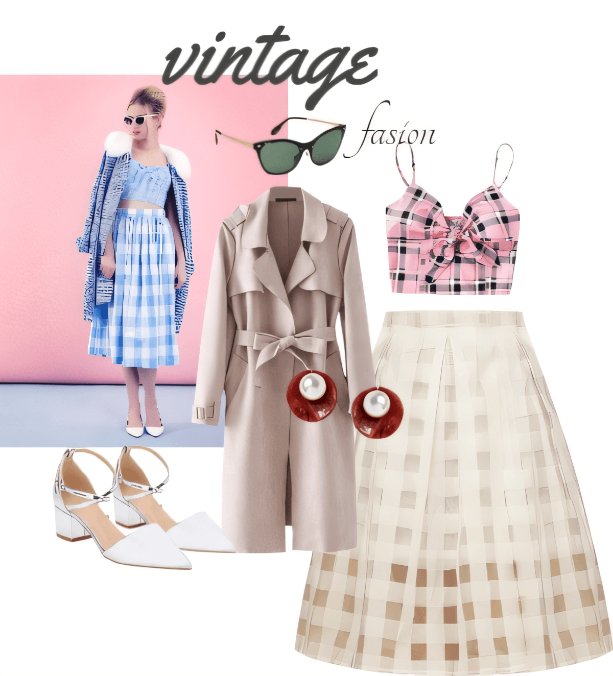 Vintage-inspired outfit featuring gingham dress, trench coat, plaid crop top, geometric skirt, white heels, and pearl earrings