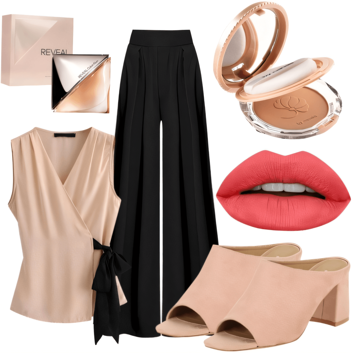 Elegant ensemble featuring blush wrap top, black palazzo pants, nude mules, makeup essentials and perfume
