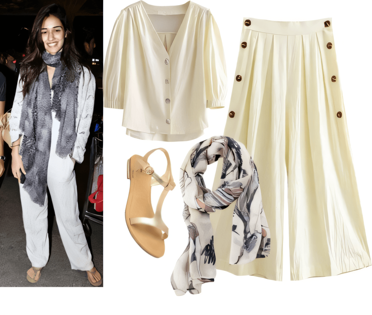 Coastal-inspired outfit with cream cardigan, wide-leg pants, beige sandals, and printed scarf in neutral tones