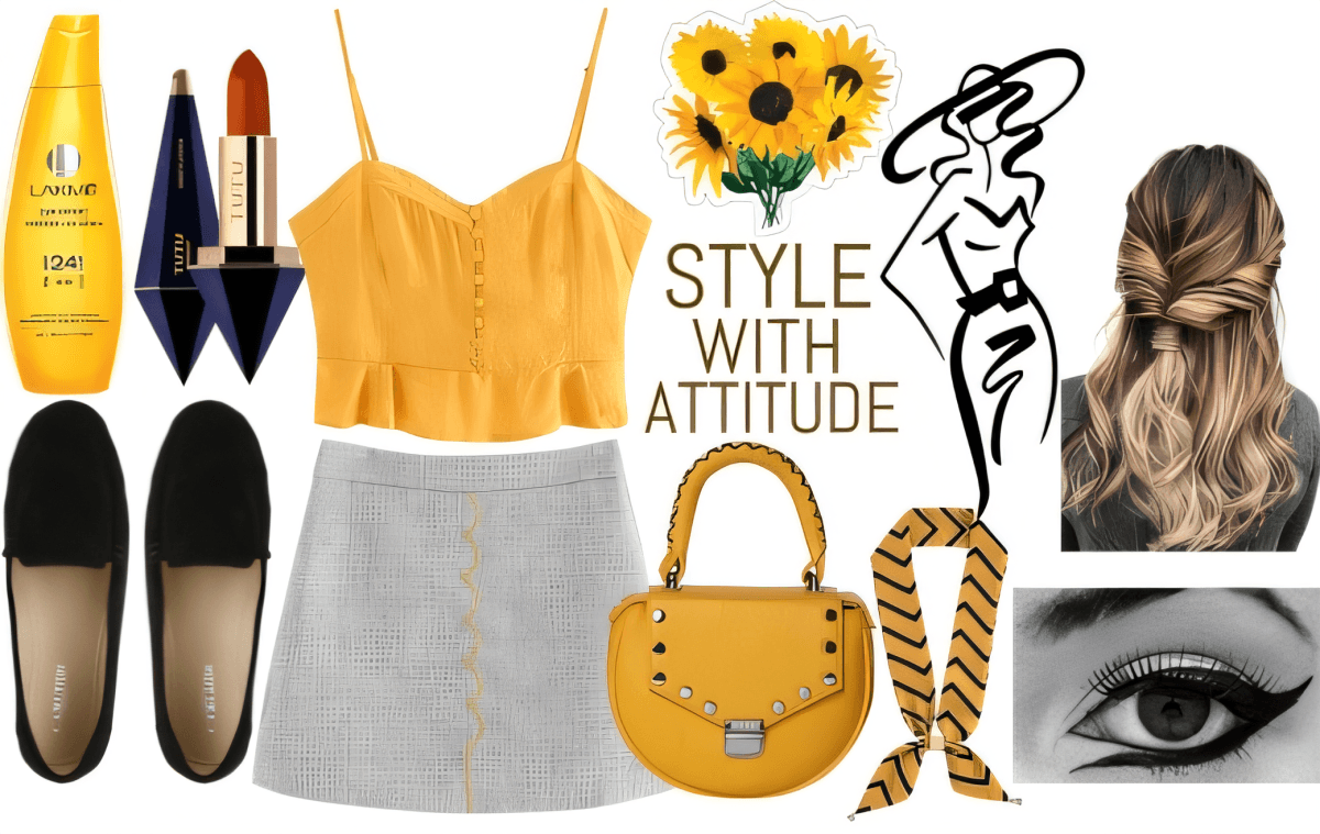 Summer outfit featuring yellow camisole, grey mini skirt, black flats, yellow handbag with winged eyeliner and wavy hairstyle