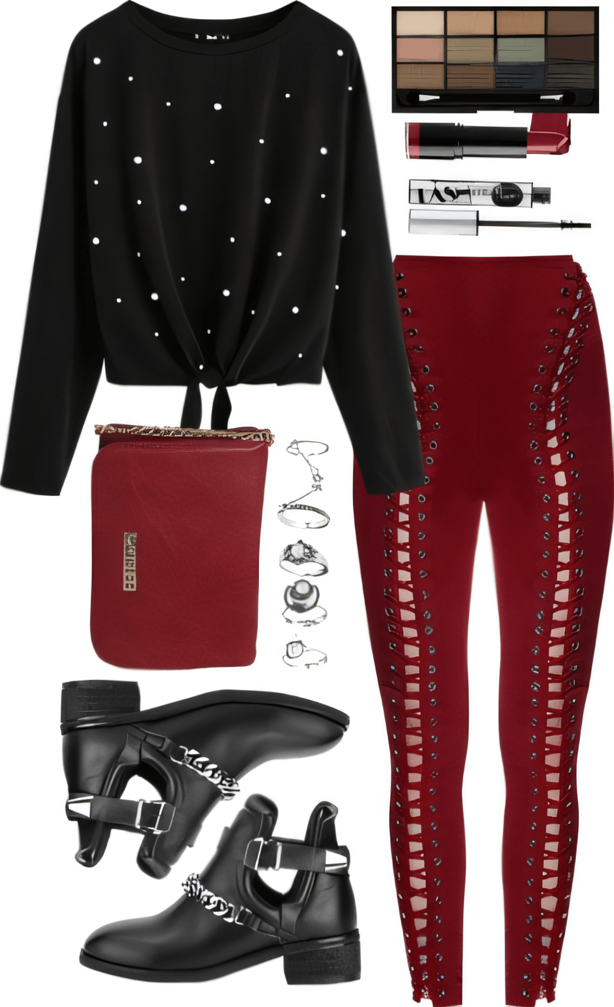 Ausgefallenes Outfit bestehend aus schwarzem, perlenbesetztem Pullover, burgunderfarbener Schnürhose, Kampfstiefeln, passender burgunderfarbener Handtasche und Make-up-Accessoires